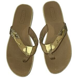 Sperry Top-Sider Gold Glitter Leather Flip Flops Boat Sandals Size 12 Tan